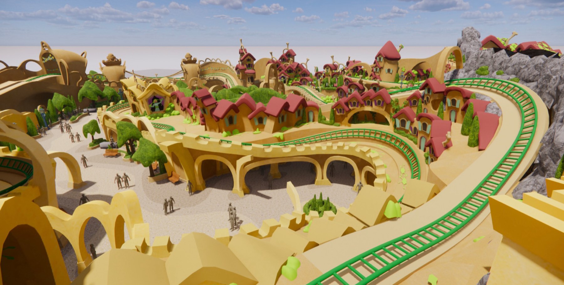 Aerial render of the Oobleck Coaster and its themed town
