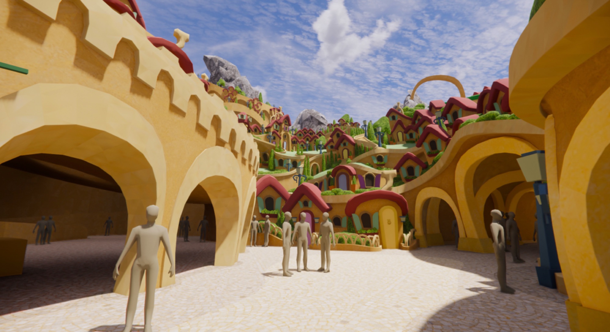 Ground-level view of the themed street